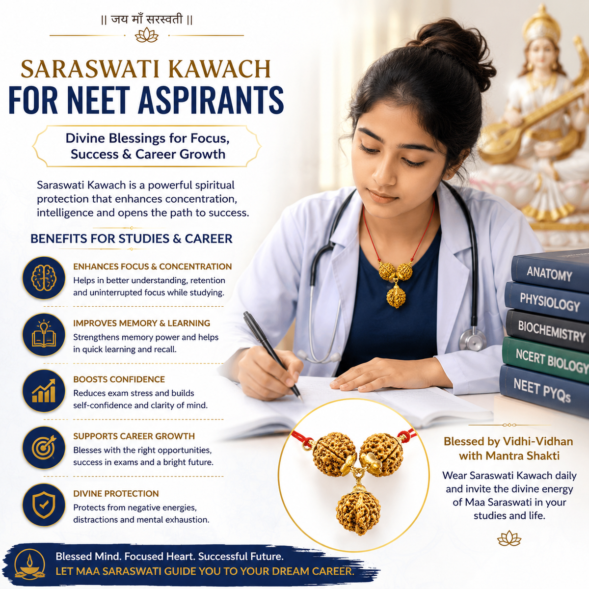 Original Saraswati Kavach – 4 Mukhi, 6 Mukhi & Ganesh Mukhi Rudraksha Combo Pendant | Energized for Studies, Focus, Memory & Career Growth