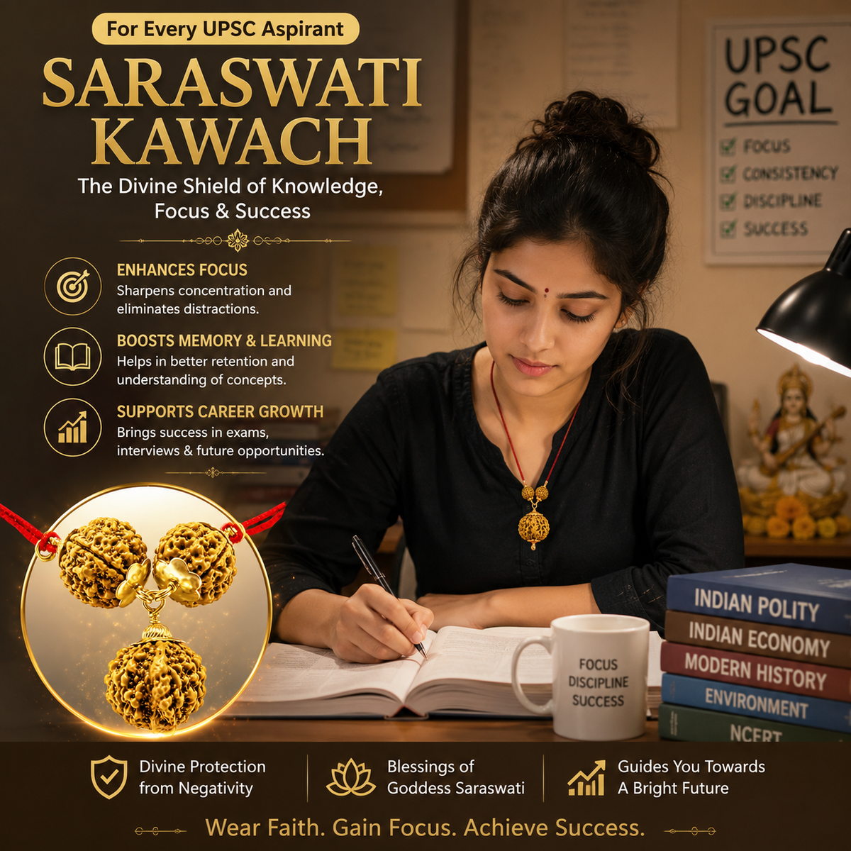 Original Saraswati Kavach – 4 Mukhi, 6 Mukhi & Ganesh Mukhi Rudraksha Combo Pendant | Energized for Studies, Focus, Memory & Career Growth