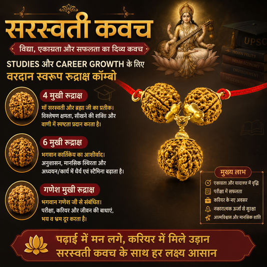 Original Saraswati Kavach – 4 Mukhi, 6 Mukhi & Ganesh Mukhi Rudraksha Combo Pendant | Energized for Studies, Focus, Memory & Career Growth