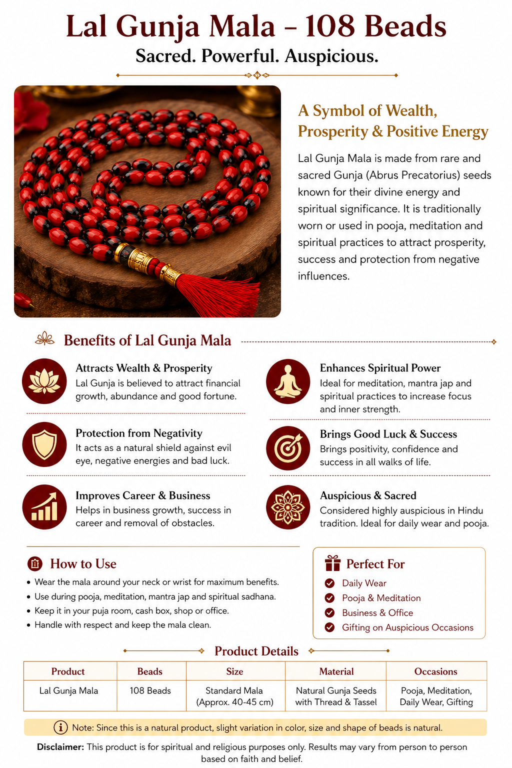 Premium Lal Gunja Mala (108 Beads) | Sacred Prayer &nbsp;Mala for Prosperity, Protection &amp; Spiritual Growth